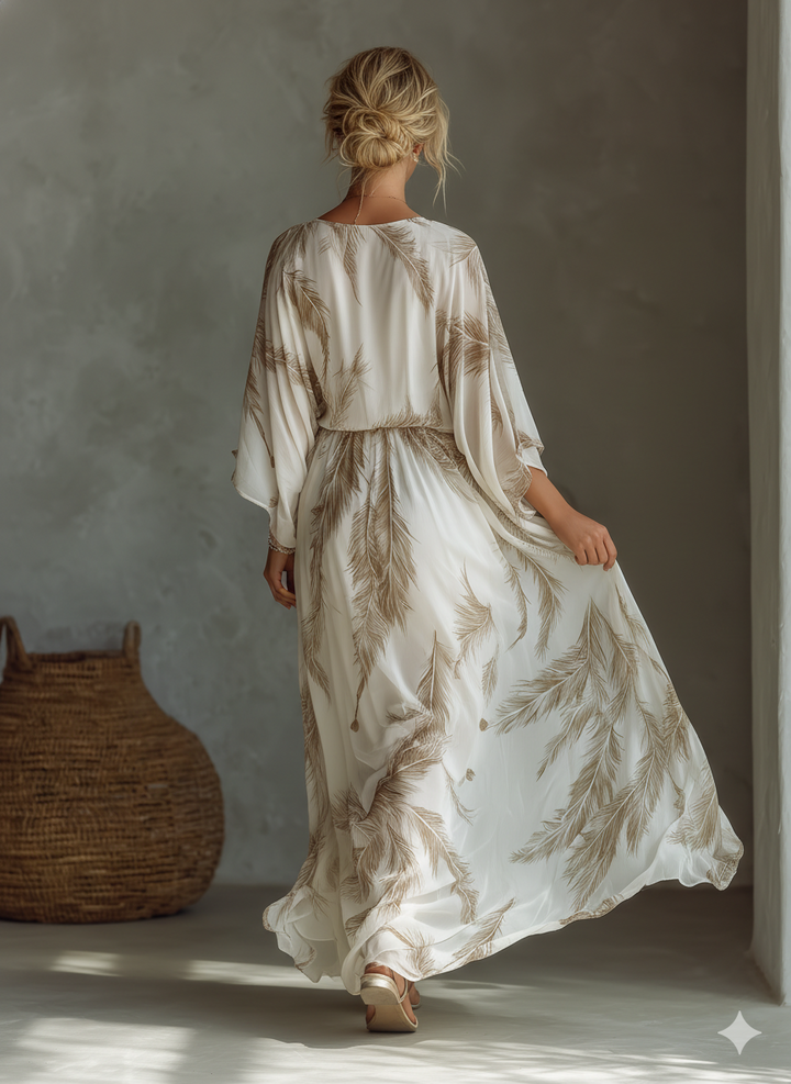 Twist Front &amp; Palm Leaf Print Chiffon Dolman Sleeve Maxi Dress