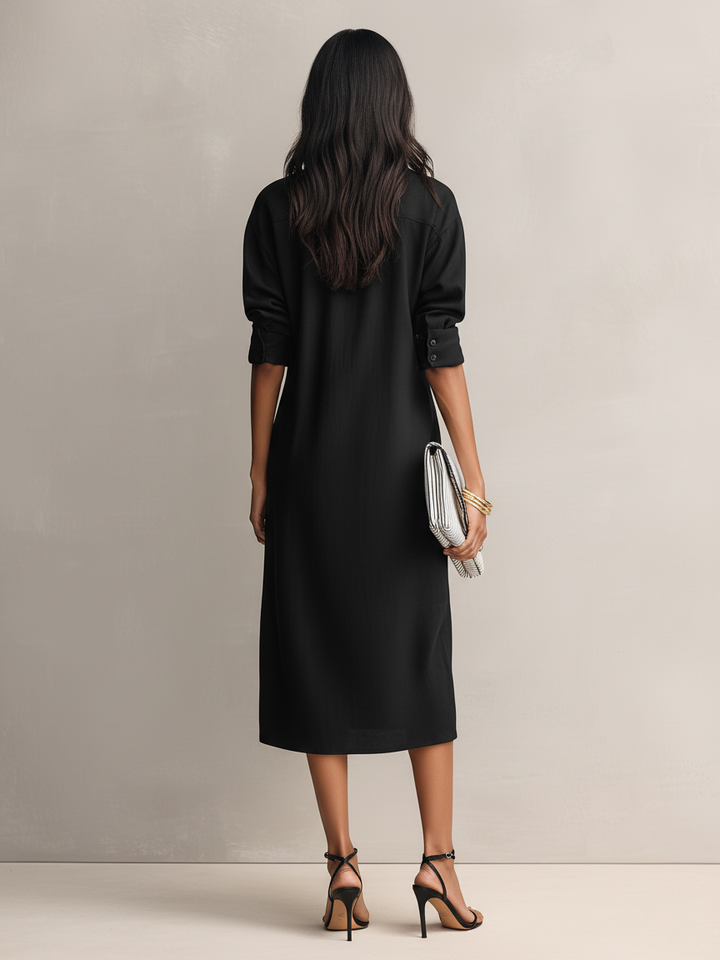 Shirt Collar Cotton-Linen Midi Dress