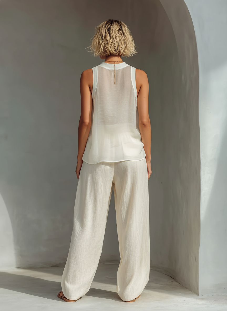 Semi-sheer Chiffon Sleeveless Top &amp; Cotton And Linen Blend Drawstring Wide-Leg Trousers