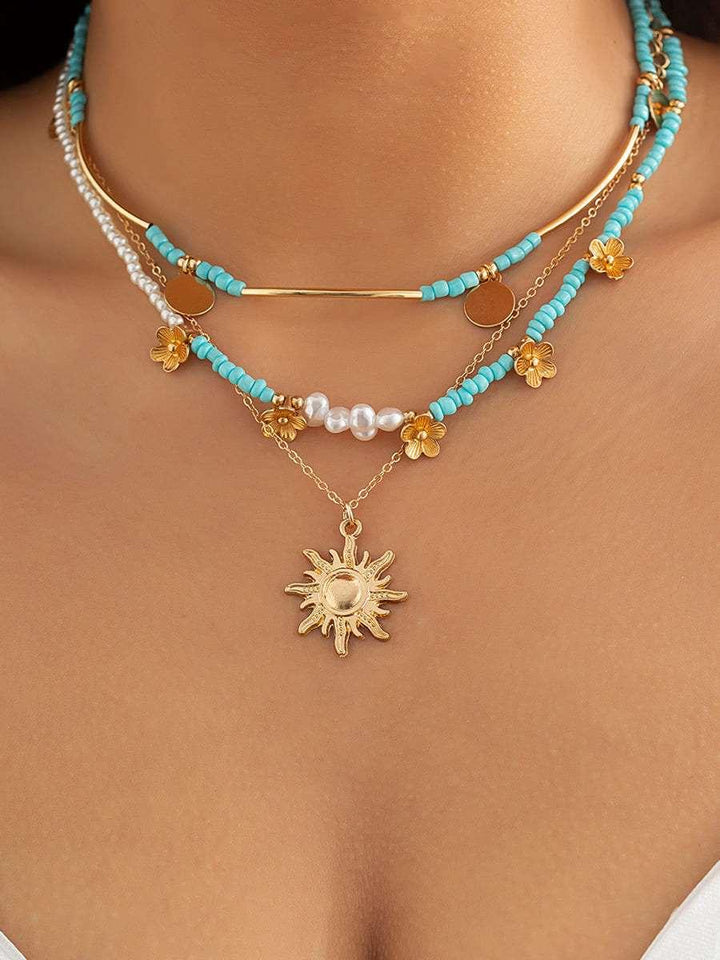 3pcs Sun &amp; Floral Faux Pearl Beaded Necklace