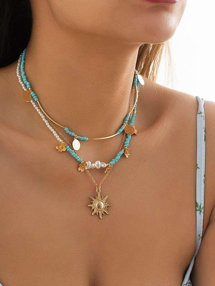 3pcs Sun &amp; Floral Faux Pearl Beaded Necklace