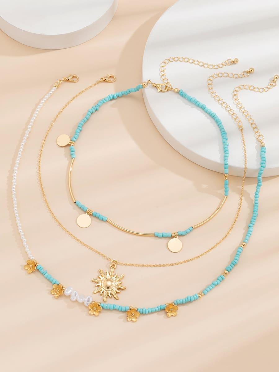 3pcs Sun &amp; Floral Faux Pearl Beaded Necklace