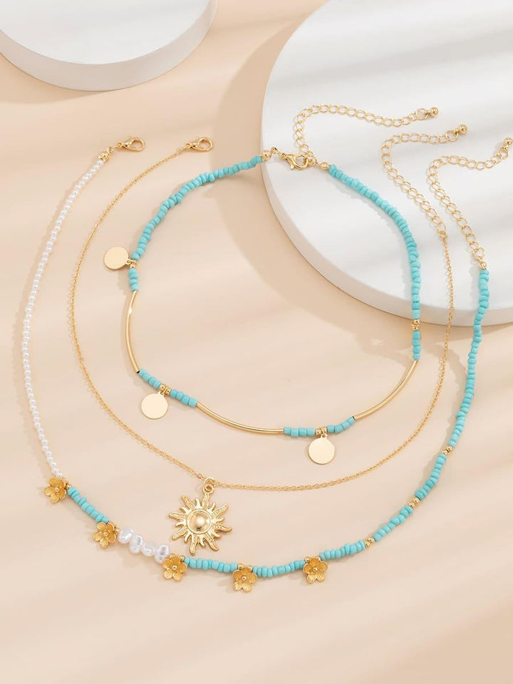 3pcs Sun &amp; Floral Faux Pearl Beaded Necklace