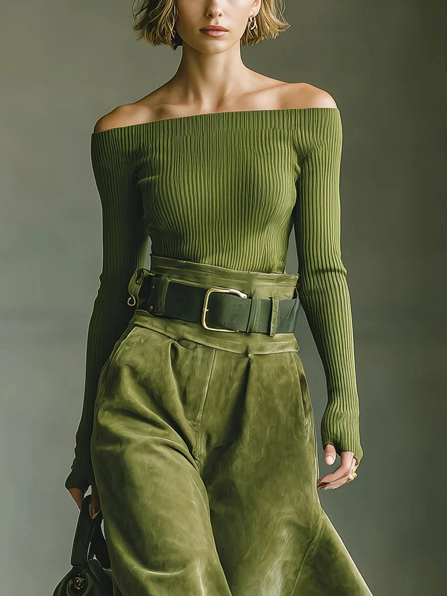 Olive Green Off-Shoulder Top &amp; Faux Suede Skirt Set