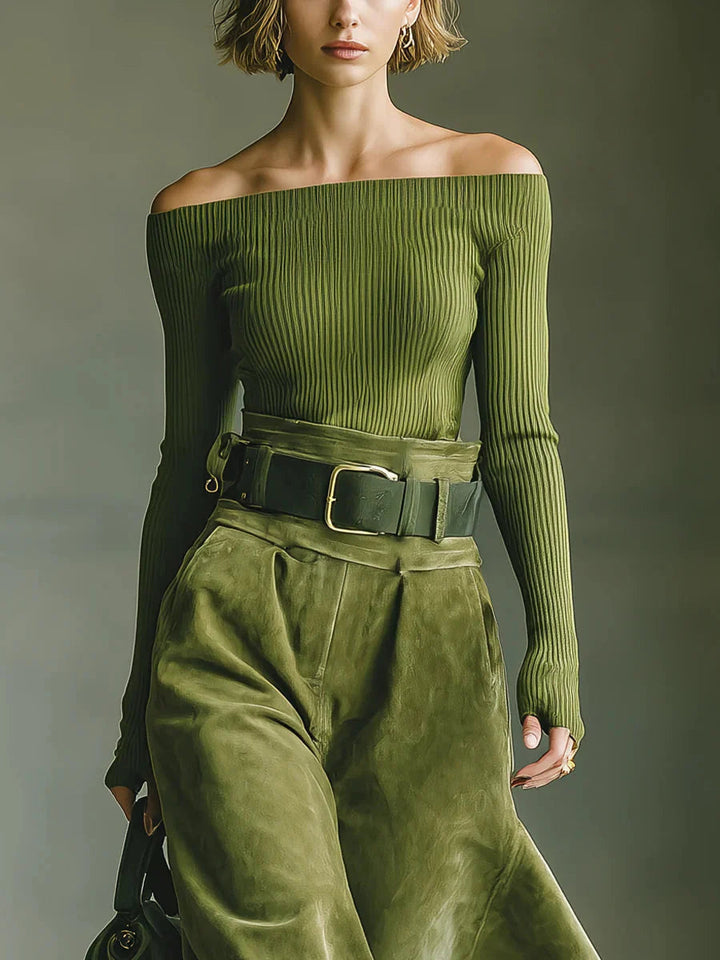 Olive Green Off-Shoulder Top &amp; Faux Suede Skirt Set