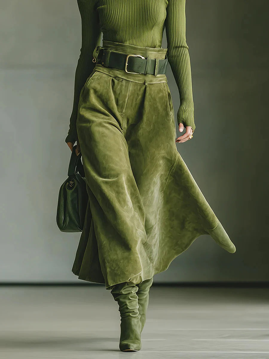 Olive Green Off-Shoulder Top &amp; Faux Suede Skirt Set