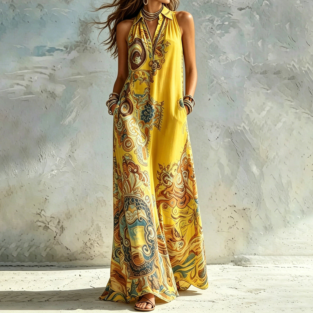 Retro Print Shirt Maxi Dress