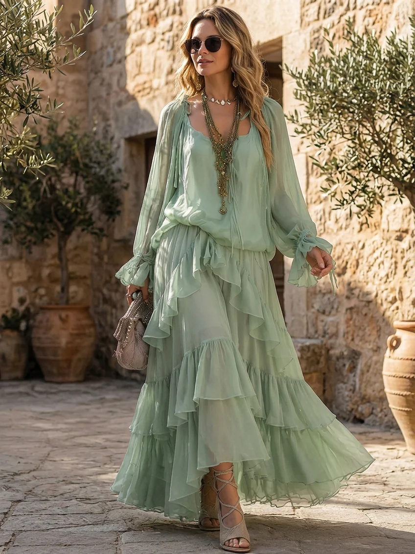 Ruffled Chiffon Layered Skirt Set