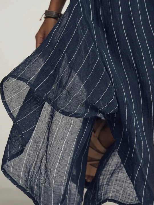 Striped Stand-Collar Chiffon Maxi Dress