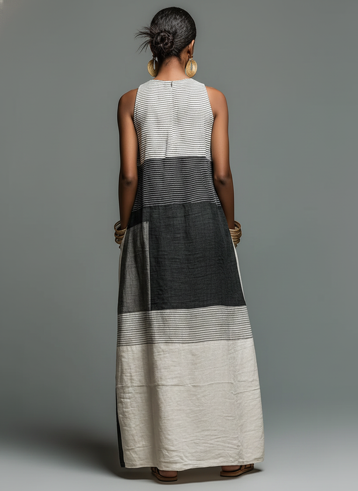 Linen-Blend Color Block Striped Sleeveless Maxi Dress With Pockets