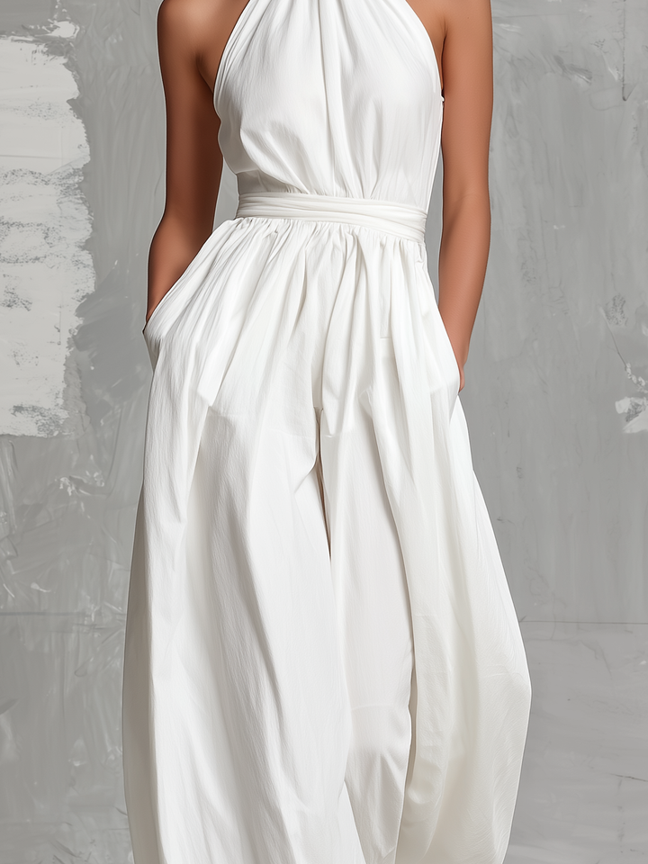 Elegant White Woven Sleeveless Halter-neck Jumpsuit