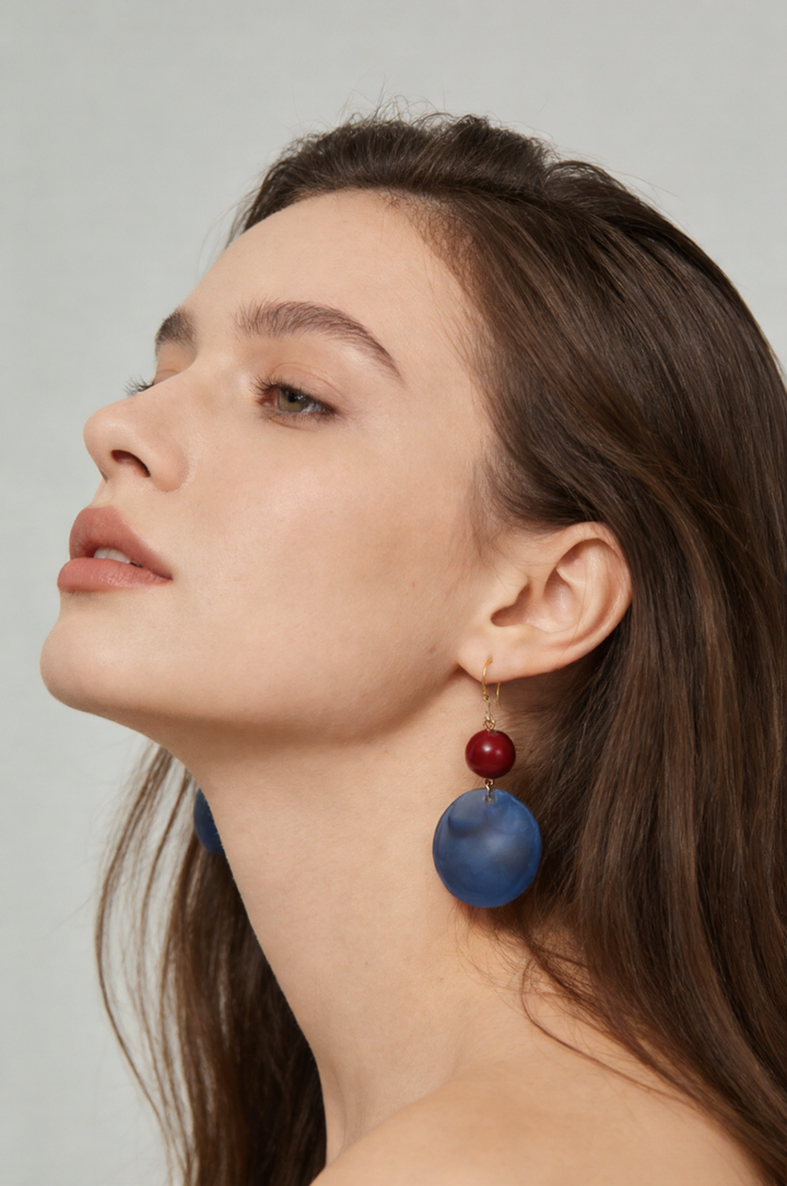Vintage Red &amp; Blue Cloudy Round Disc Earrings