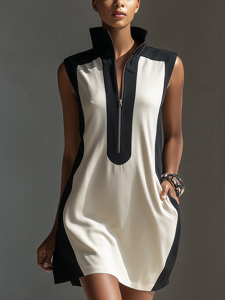 Black &amp; White Color-Block Mini Dress With Stand Collar &amp; Half-Zip