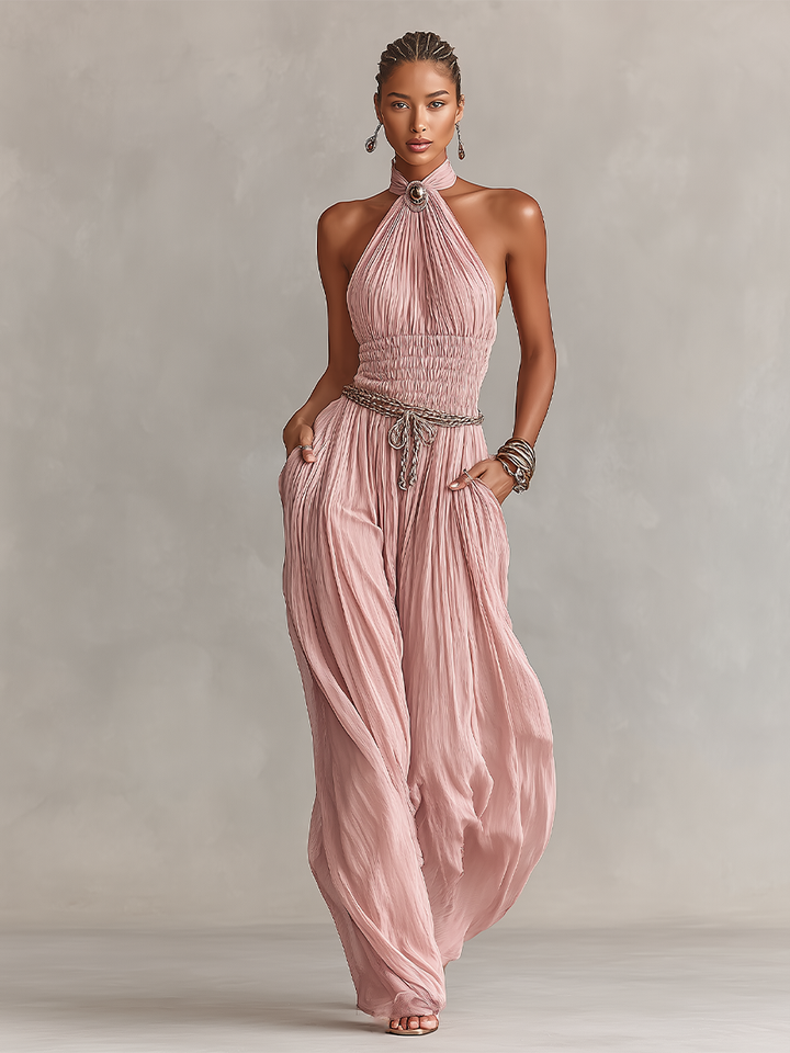 Halter Neck &amp; Ruched Waist Pleated Jumpsuit