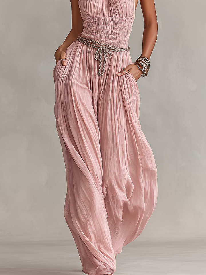 Halter Neck &amp; Ruched Waist Pleated Jumpsuit