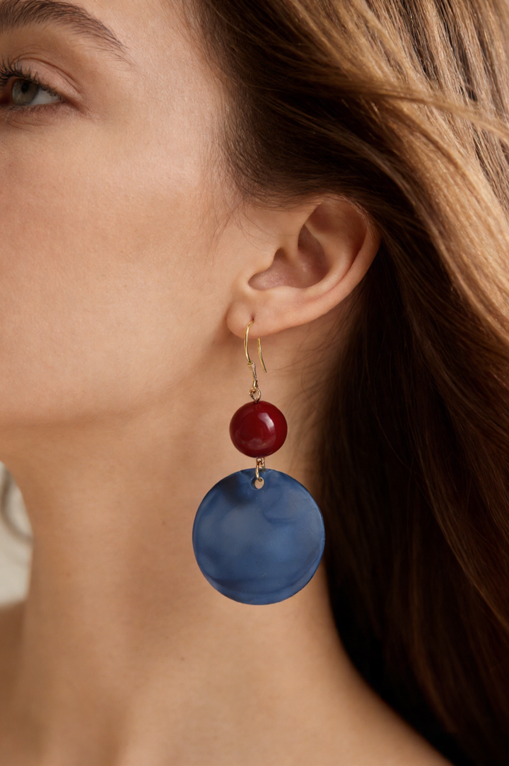 Vintage Red &amp; Blue Cloudy Round Disc Earrings