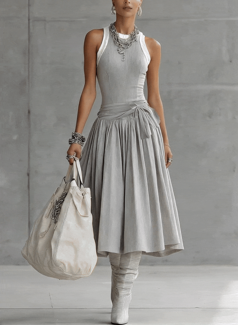 The Gray Ribbed Set — Sculpted Top &amp; Draped Midi Skirt