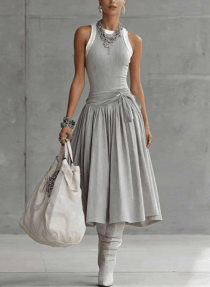 The Gray Ribbed Set — Sculpted Top &amp; Draped Midi Skirt