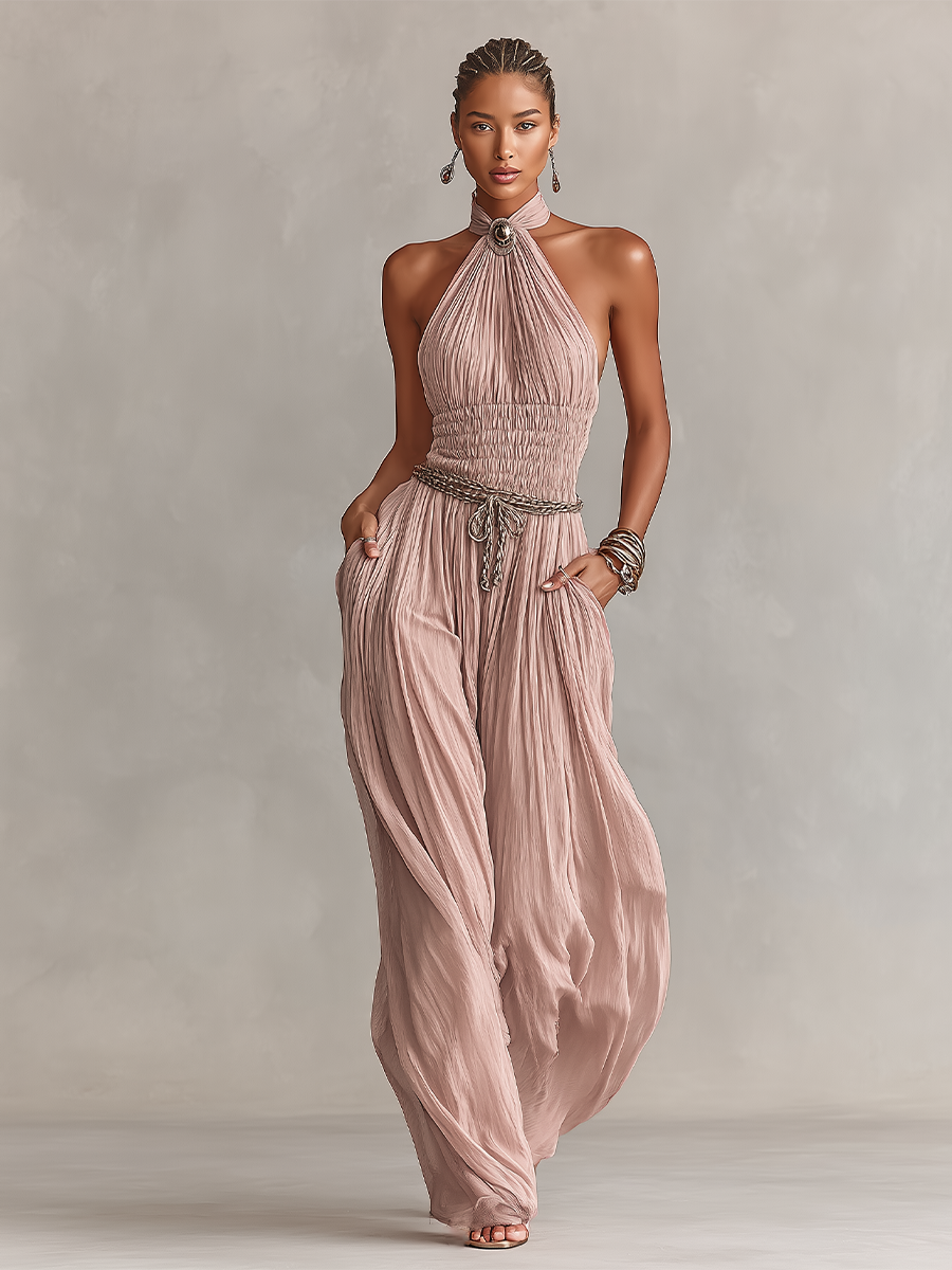 Halter Neck &amp; Ruched Waist Pleated Jumpsuit