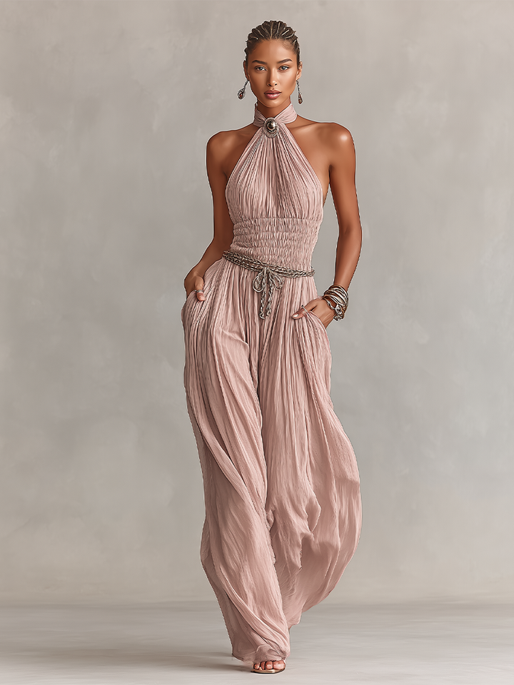 Halter Neck &amp; Ruched Waist Pleated Jumpsuit