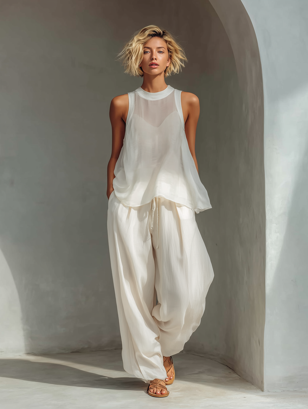 Semi-sheer Chiffon Sleeveless Top &amp; Cotton And Linen Blend Drawstring Wide-Leg Trousers