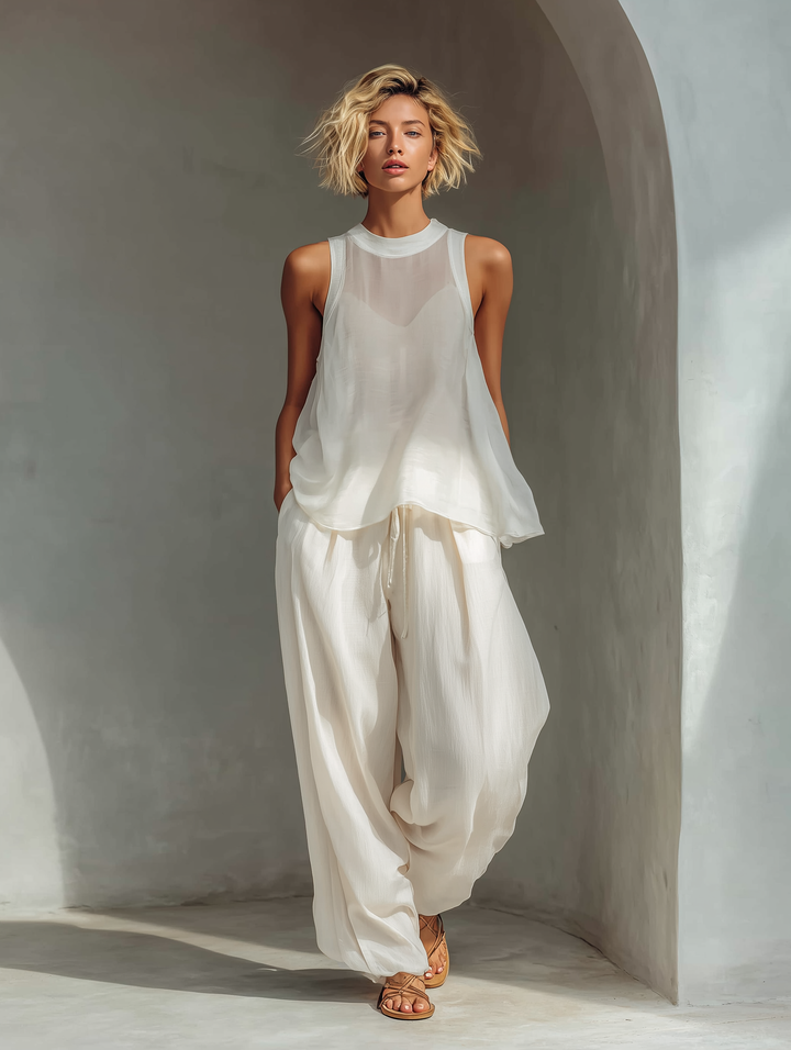 Semi-sheer Chiffon Sleeveless Top &amp; Cotton And Linen Blend Drawstring Wide-Leg Trousers