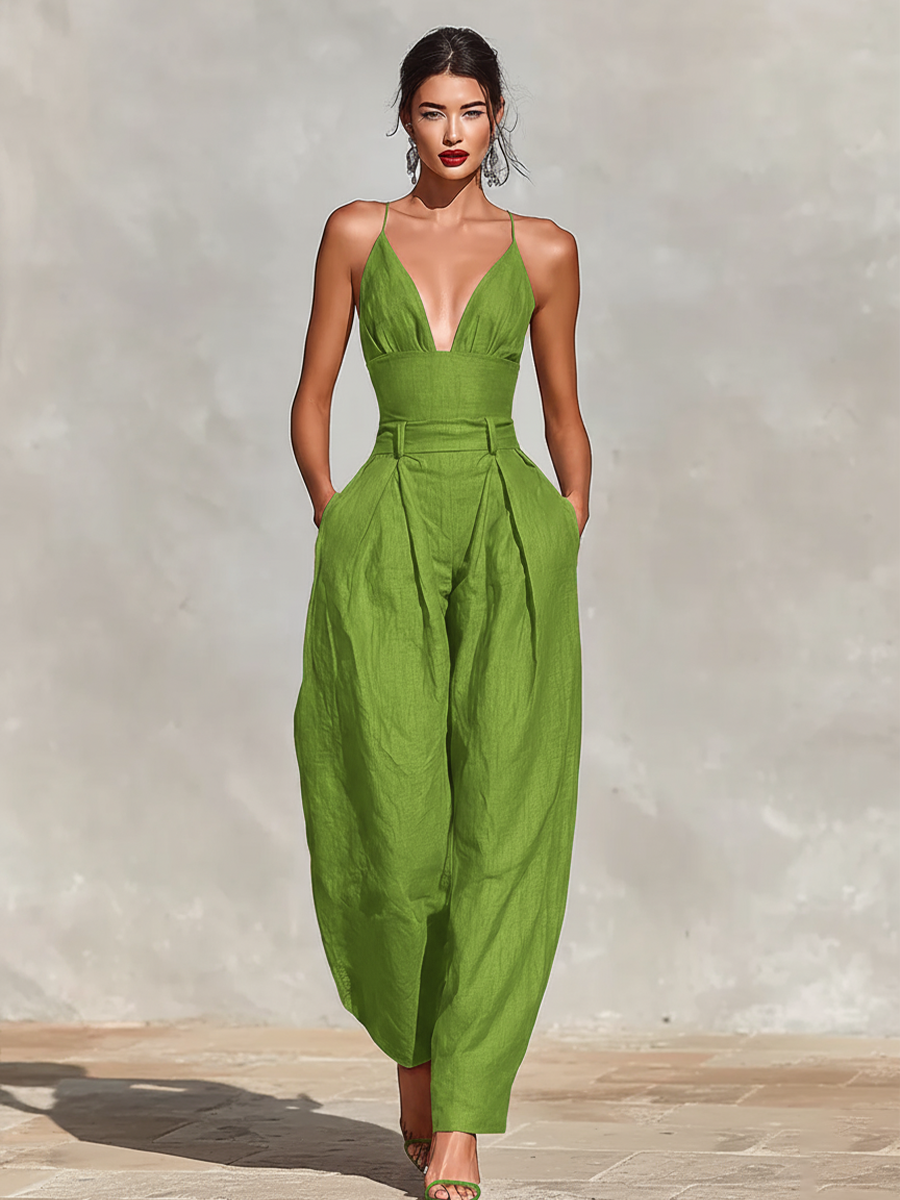 Spaghetti Straps &amp; High-Waisted Pleated Jumpsuit