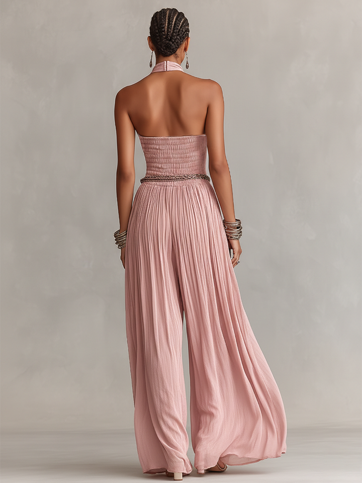 Halter Neck &amp; Ruched Waist Pleated Jumpsuit
