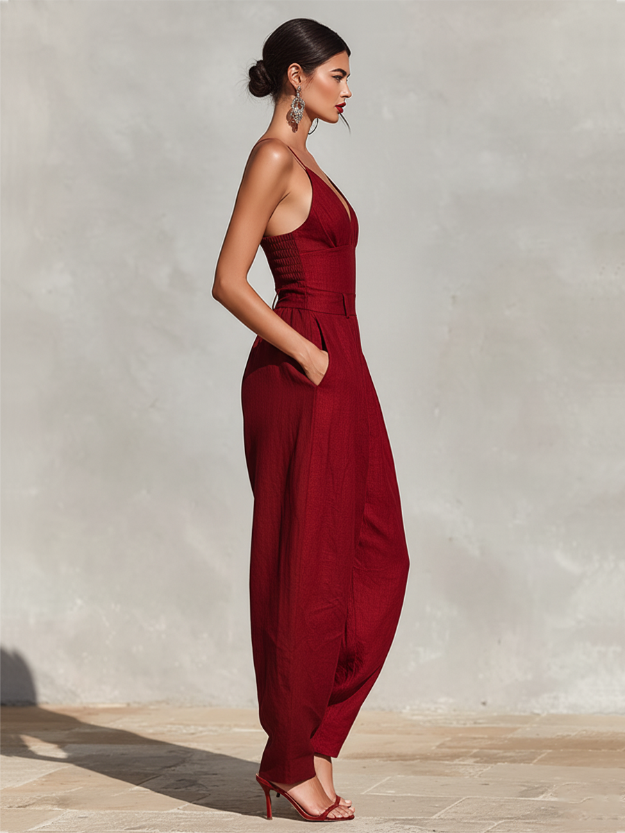 Spaghetti Straps &amp; High-Waisted Pleated Jumpsuit